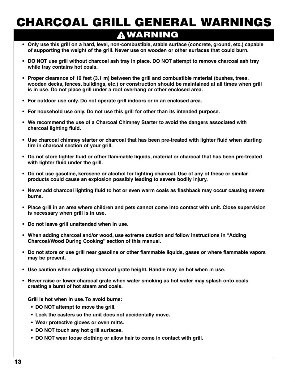 Charcoal grill general warnings, Warning | Brinkmann CHARCOAL SMOKER CHARCOAL GRILL User Manual | Page 14 / 72