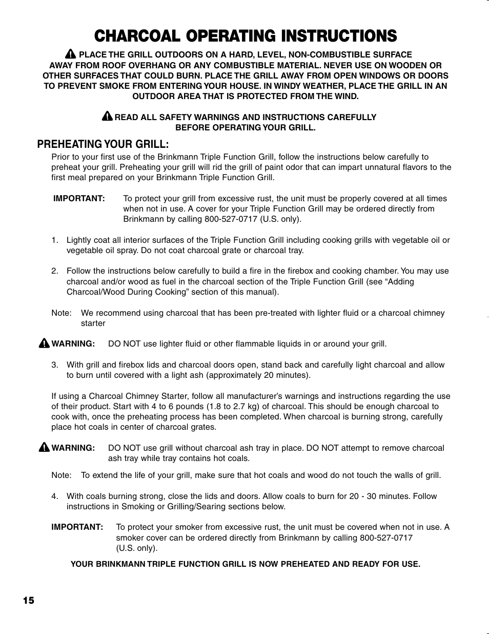 Charcoal operating instructions, Preheating your grill | Brinkmann CHARCOAL SMOKER CHARCOAL GRILL User Manual | Page 16 / 72