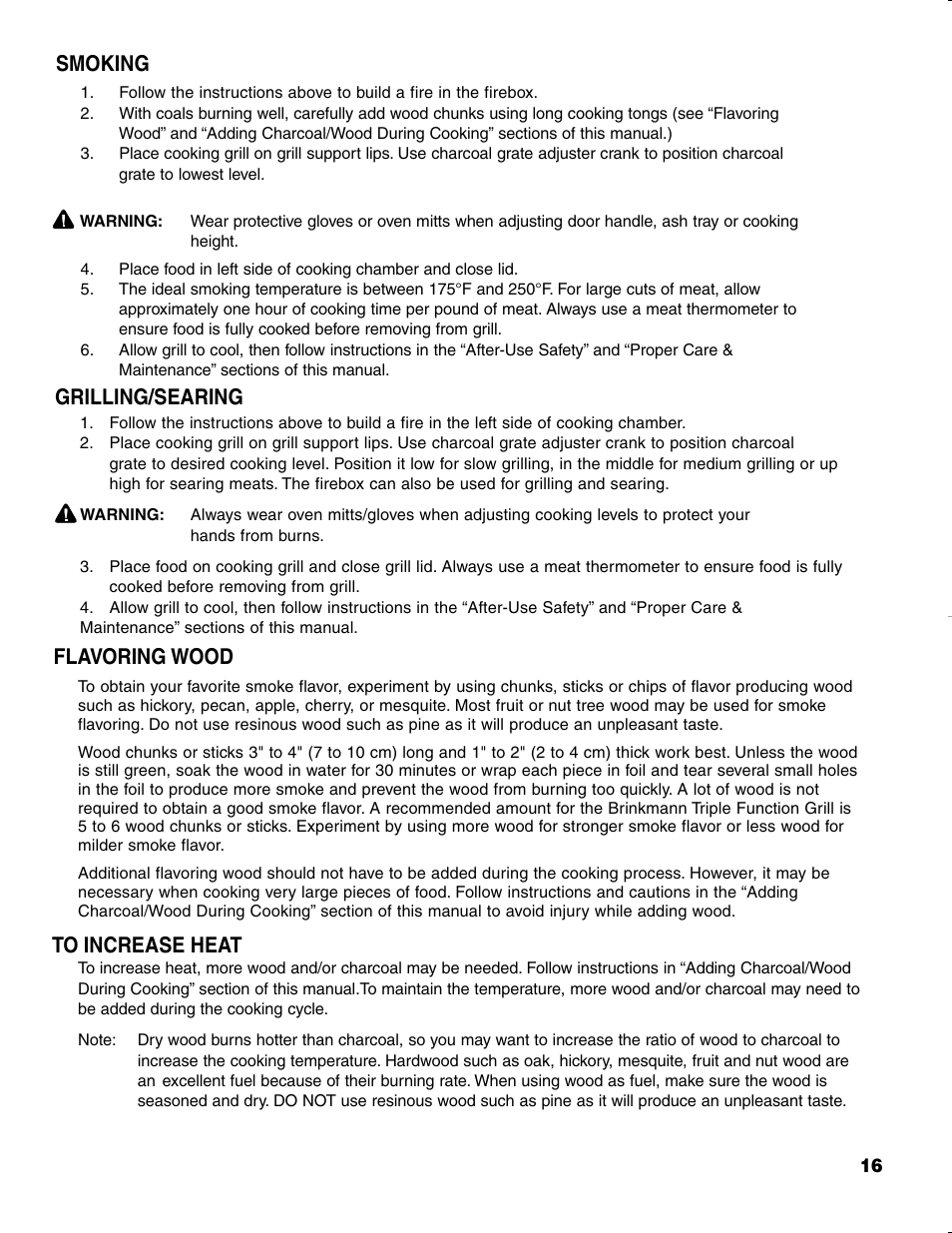 Grilling/searing, Flavoring wood | Brinkmann CHARCOAL SMOKER CHARCOAL GRILL User Manual | Page 17 / 72