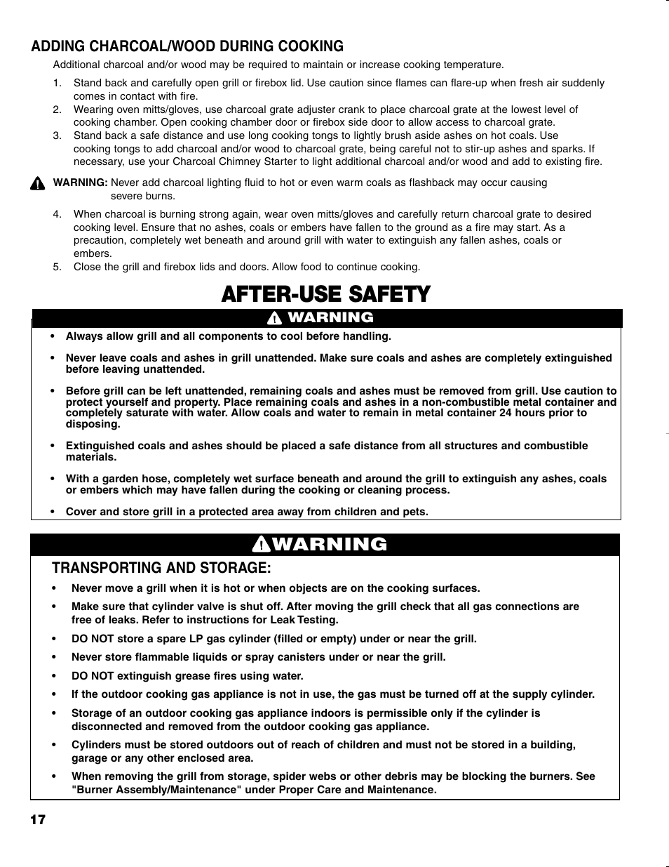 After-use safety, Warning, Transporting and storage | Adding charcoal/wood during cooking | Brinkmann CHARCOAL SMOKER CHARCOAL GRILL User Manual | Page 18 / 72