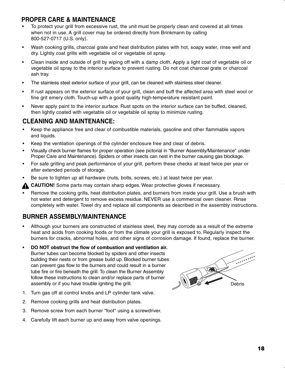 Cleaning and maintenance, Burner assembly/maintenance, Proper care & maintenance | Brinkmann CHARCOAL SMOKER CHARCOAL GRILL User Manual | Page 19 / 72