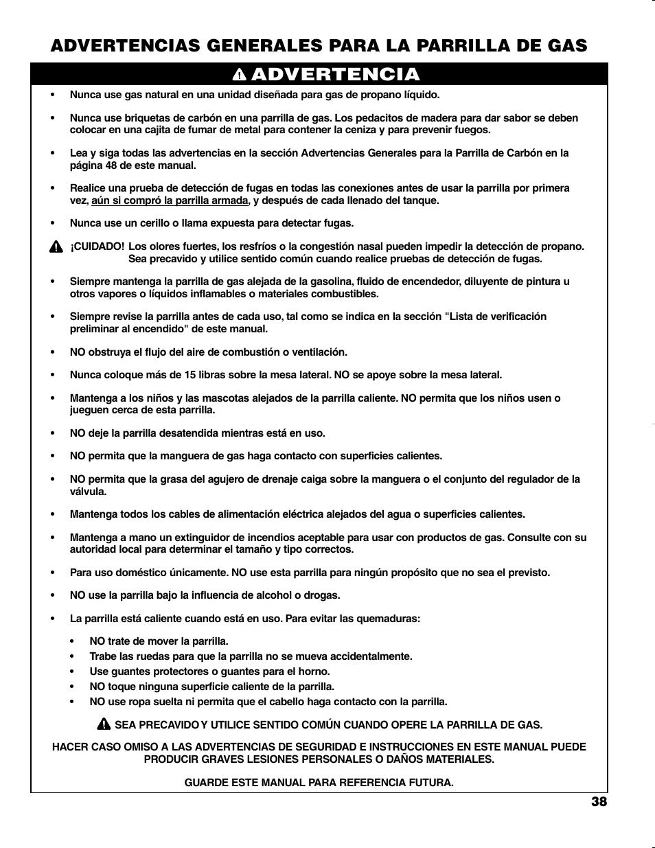 Advertencia, Advertencias generales para la parrilla de gas | Brinkmann CHARCOAL SMOKER CHARCOAL GRILL User Manual | Page 39 / 72