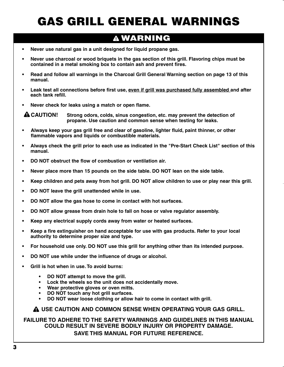 Gas grill general warnings, Warning | Brinkmann CHARCOAL SMOKER CHARCOAL GRILL User Manual | Page 4 / 72
