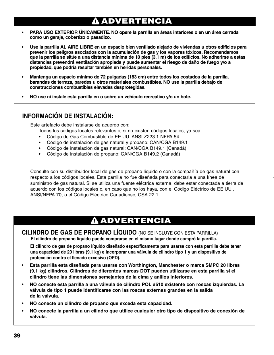 Advertencia, Información de instalación, Cilindro de gas de propano líquido | Brinkmann CHARCOAL SMOKER CHARCOAL GRILL User Manual | Page 40 / 72