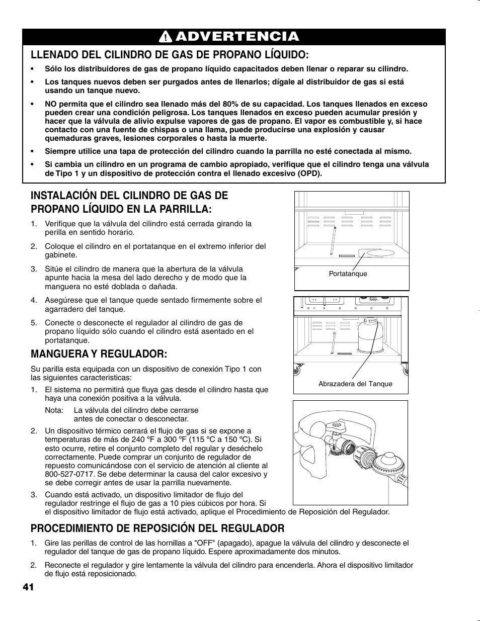 Advertencia, Llenado del cilindro de gas de propano líquido, Manguera y regulador | Procedimiento de reposición del regulador | Brinkmann CHARCOAL SMOKER CHARCOAL GRILL User Manual | Page 42 / 72