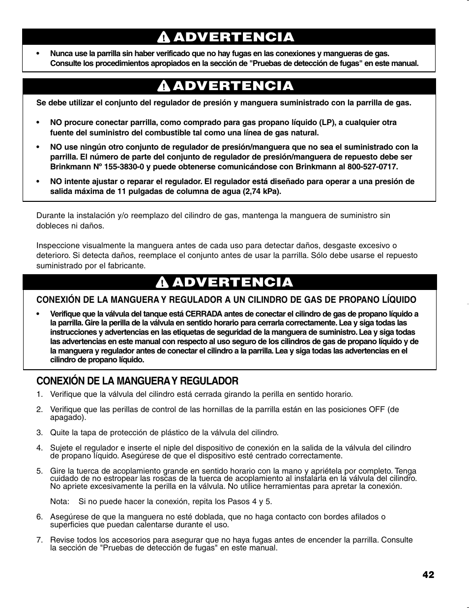 Advertencia, Conexión de la manguera y regulador | Brinkmann CHARCOAL SMOKER CHARCOAL GRILL User Manual | Page 43 / 72