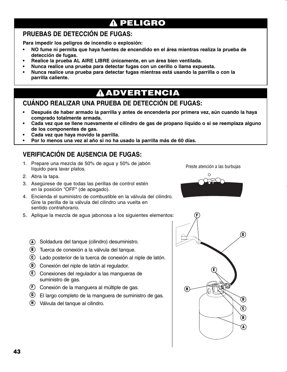 Advertencia, Peligro, Pruebas de detección de fugas | Cuándo realizar una prueba de detección de fugas, Verificación de ausencia de fugas | Brinkmann CHARCOAL SMOKER CHARCOAL GRILL User Manual | Page 44 / 72