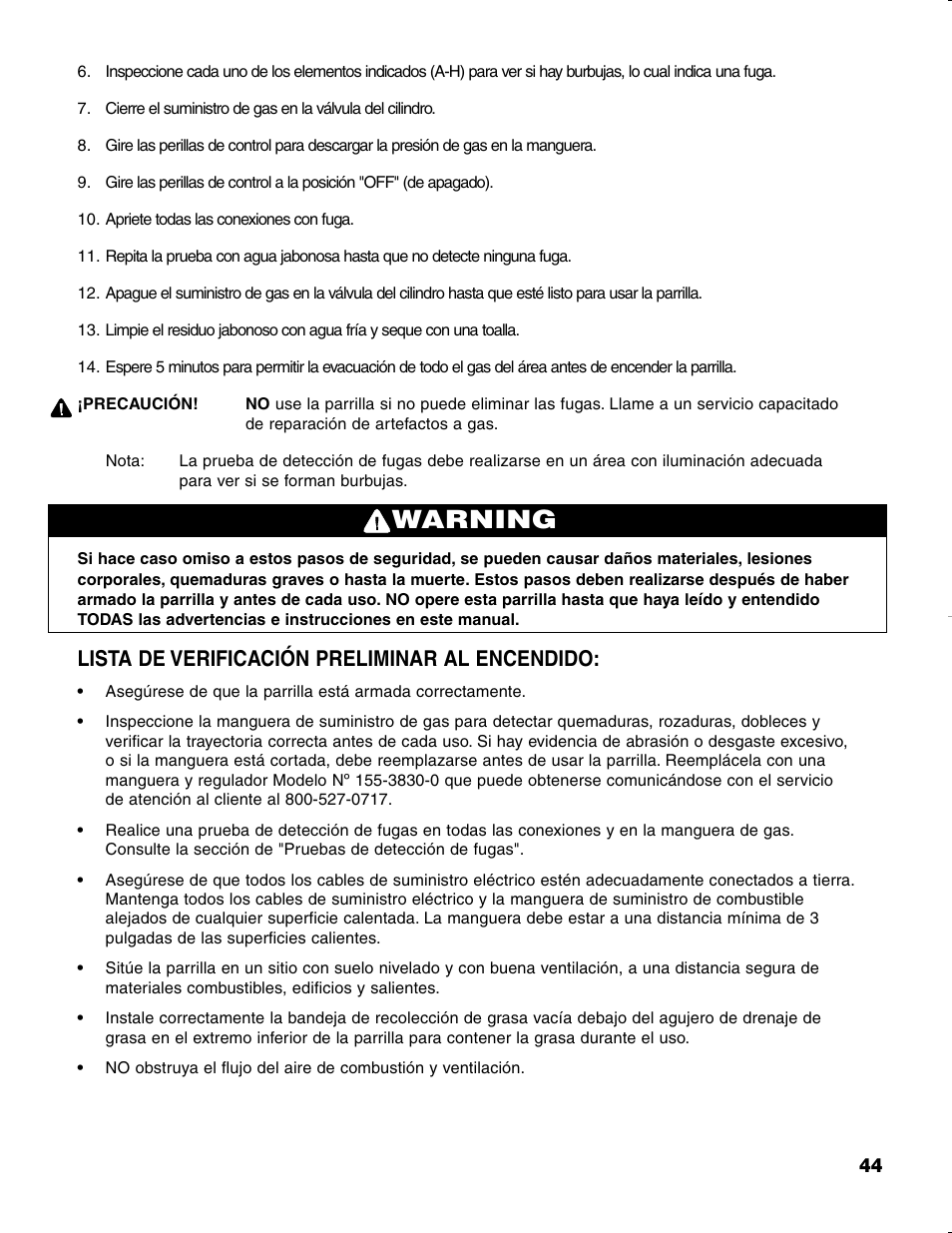 Warning, Lista de verificación preliminar al encendido | Brinkmann CHARCOAL SMOKER CHARCOAL GRILL User Manual | Page 45 / 72