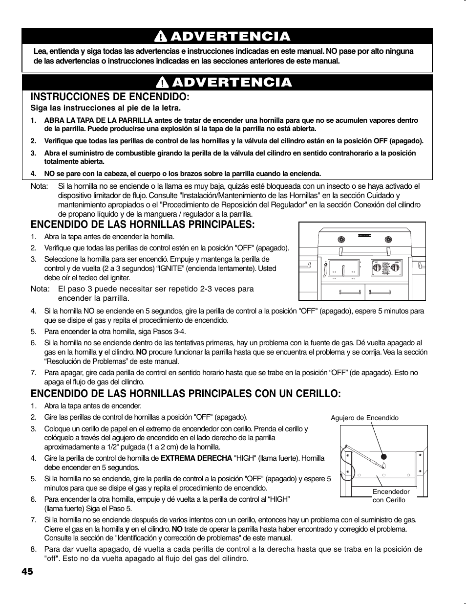 Advertencia, Instrucciones de encendido, Encendido de las hornillas principales | Brinkmann CHARCOAL SMOKER CHARCOAL GRILL User Manual | Page 46 / 72