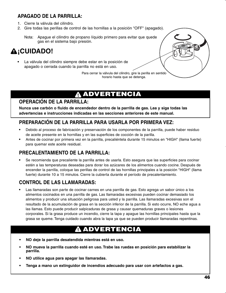 Cuidado, Advertencia, Apagado de la parrilla | Operación de la parrilla, Precalentamiento de la parrilla, Control de las llamaradas | Brinkmann CHARCOAL SMOKER CHARCOAL GRILL User Manual | Page 47 / 72