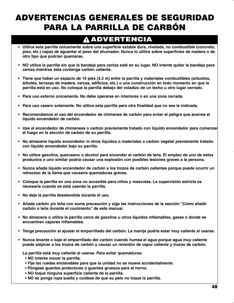 Advertencia | Brinkmann CHARCOAL SMOKER CHARCOAL GRILL User Manual | Page 49 / 72