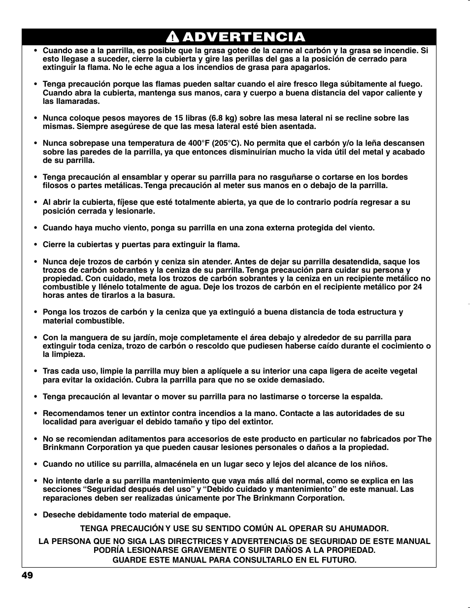 Advertencia | Brinkmann CHARCOAL SMOKER CHARCOAL GRILL User Manual | Page 50 / 72