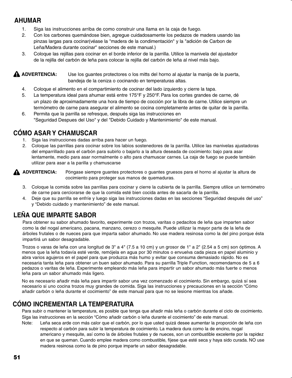 Cómo asar y chamuscar, Leña que imparte sabor, Cómo incrementar la temperatura | Ahumar | Brinkmann CHARCOAL SMOKER CHARCOAL GRILL User Manual | Page 52 / 72