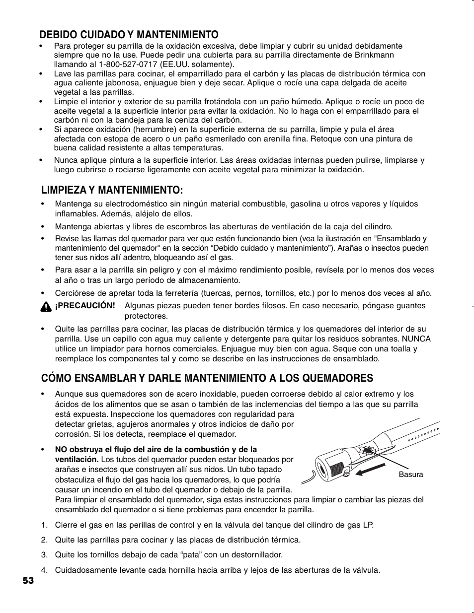 Limpieza y mantenimiento, Debido cuidado y mantenimiento | Brinkmann CHARCOAL SMOKER CHARCOAL GRILL User Manual | Page 54 / 72