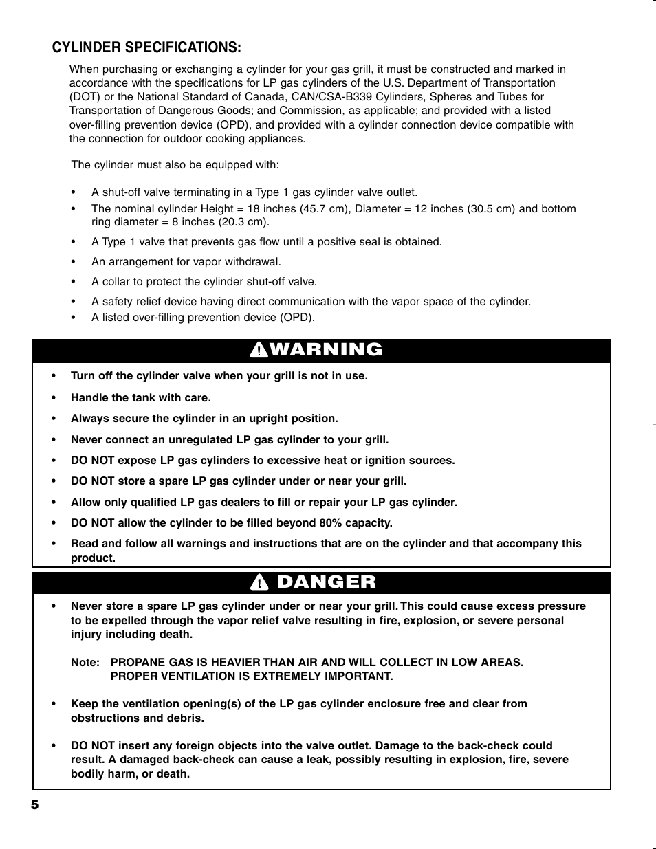 Warning danger, Cylinder specifications | Brinkmann CHARCOAL SMOKER CHARCOAL GRILL User Manual | Page 6 / 72