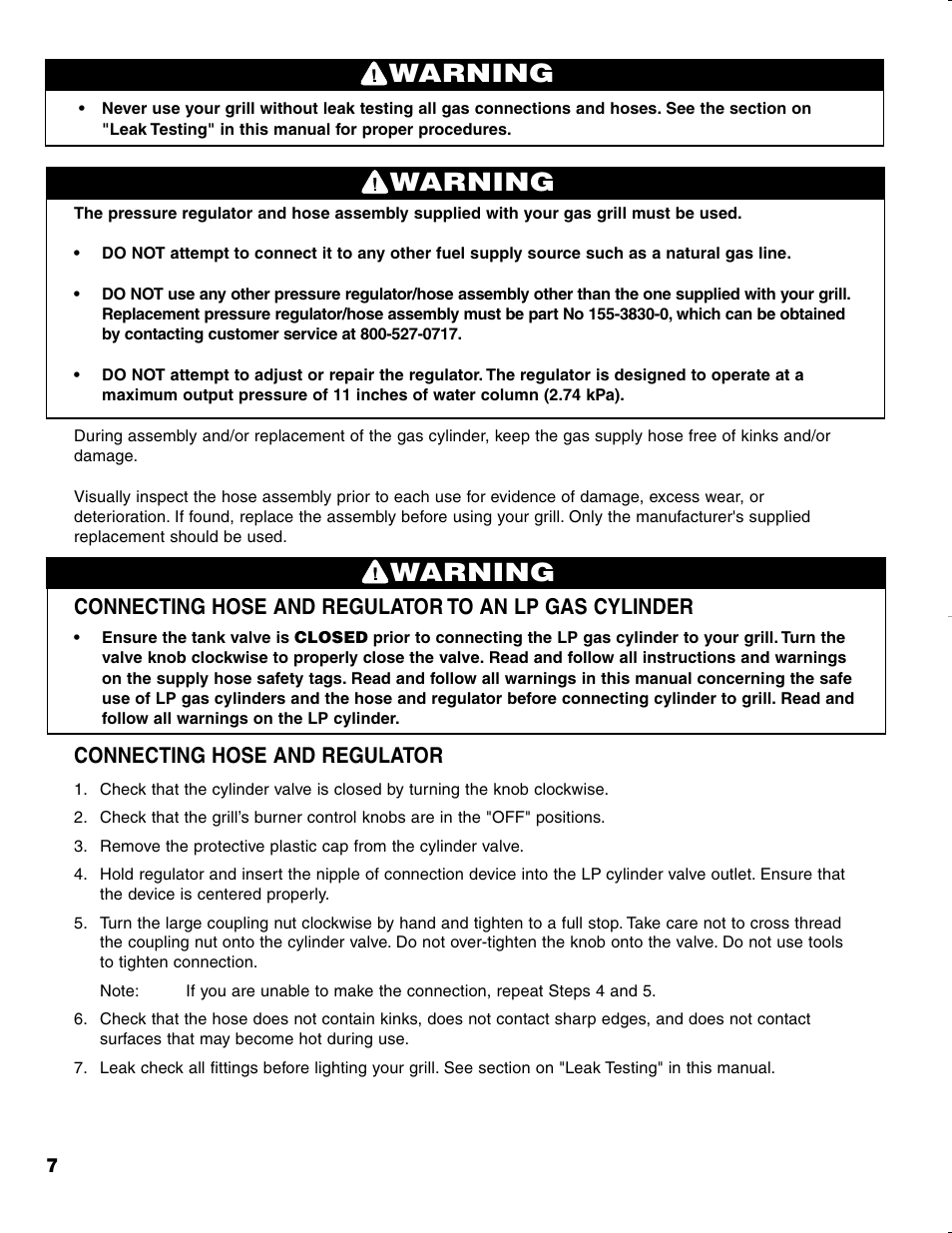 Warning, Connecting hose and regulator | Brinkmann CHARCOAL SMOKER CHARCOAL GRILL User Manual | Page 8 / 72