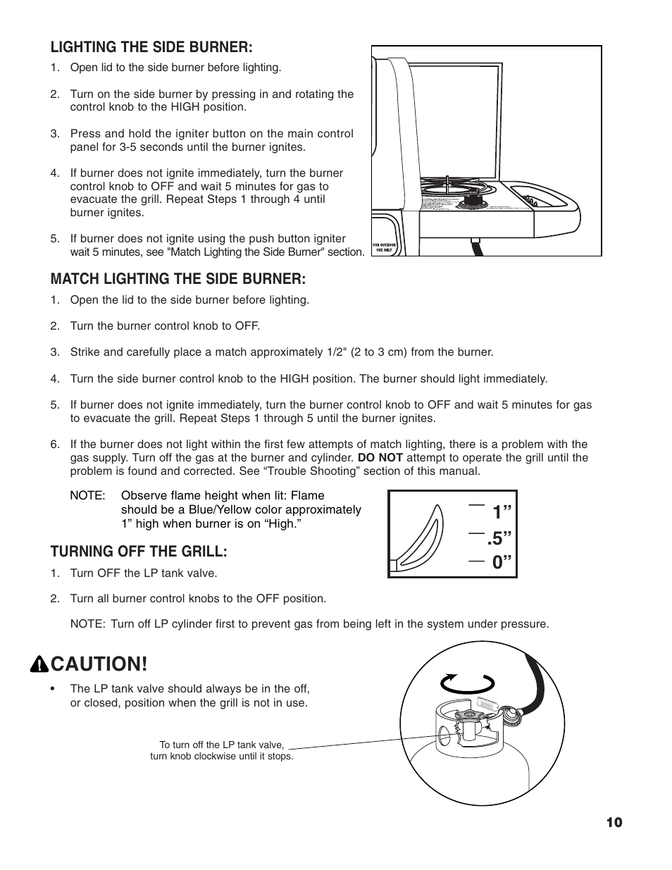 Caution, Lighting the side burner, Match lighting the side burner | Turning off the grill | Brinkmann 2400 User Manual | Page 11 / 32