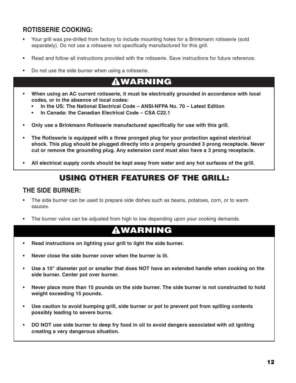 Warning, Using other features of the grill, Rotisserie cooking | The side burner | Brinkmann 2400 User Manual | Page 13 / 32
