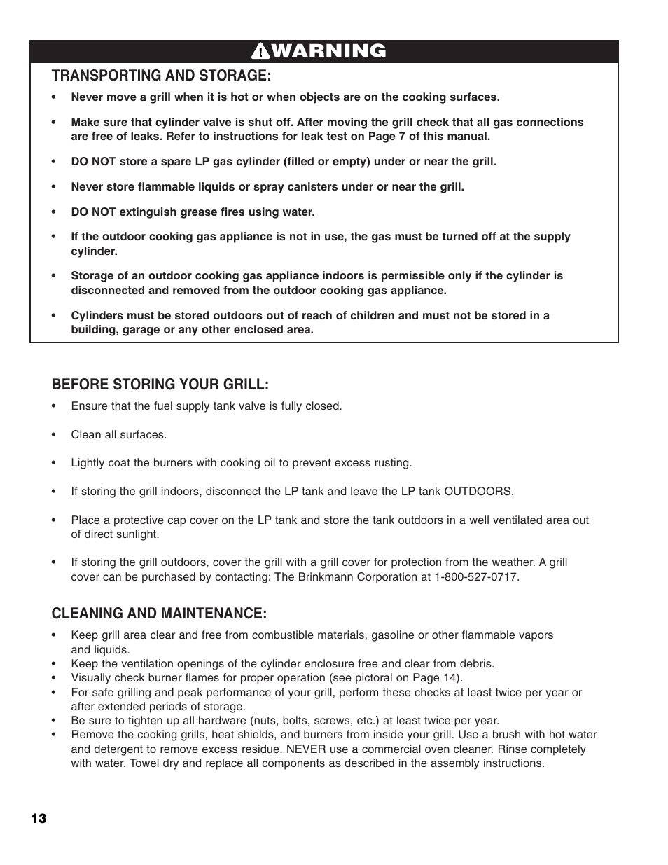Warning, Transporting and storage, Before storing your grill | Cleaning and maintenance | Brinkmann 2400 User Manual | Page 14 / 32