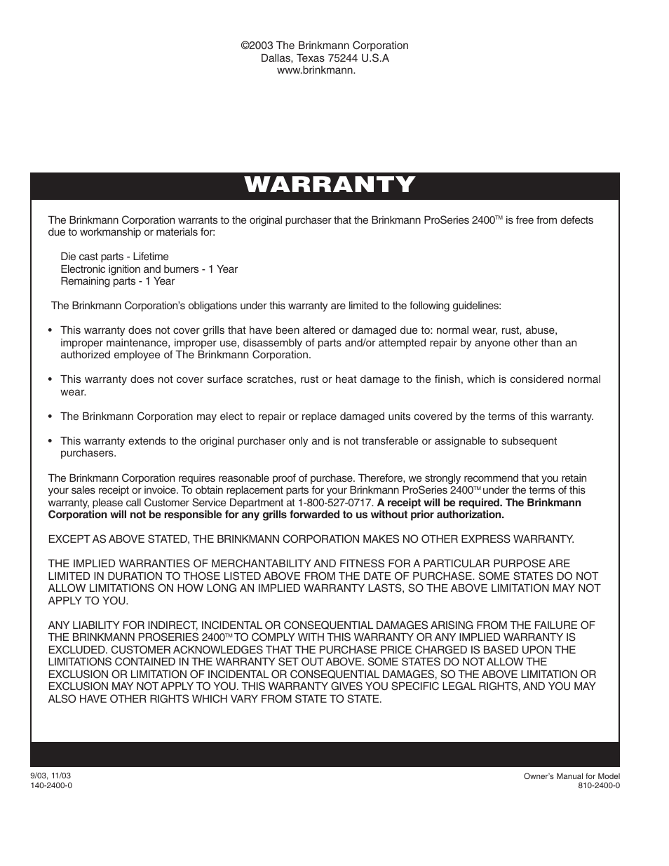 Warranty | Brinkmann 2400 User Manual | Page 32 / 32