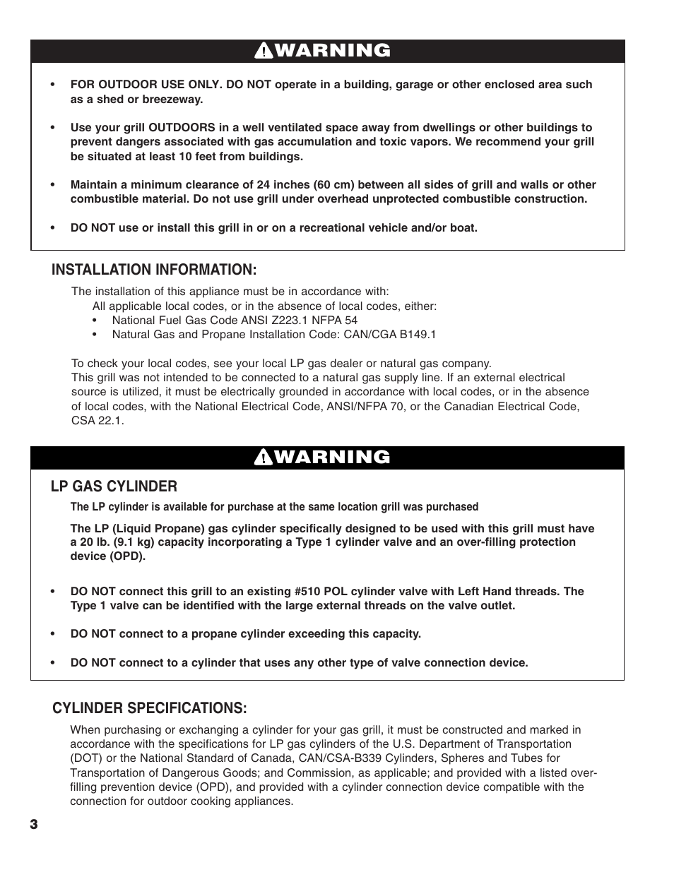 Warning, Cylinder specifications, Lp gas cylinder | Installation information | Brinkmann 2400 User Manual | Page 4 / 32