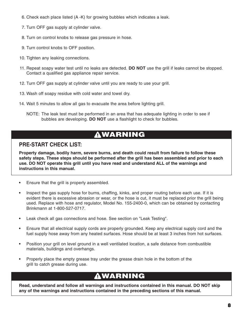 Warning, Pre-start check list | Brinkmann 2400 User Manual | Page 9 / 32