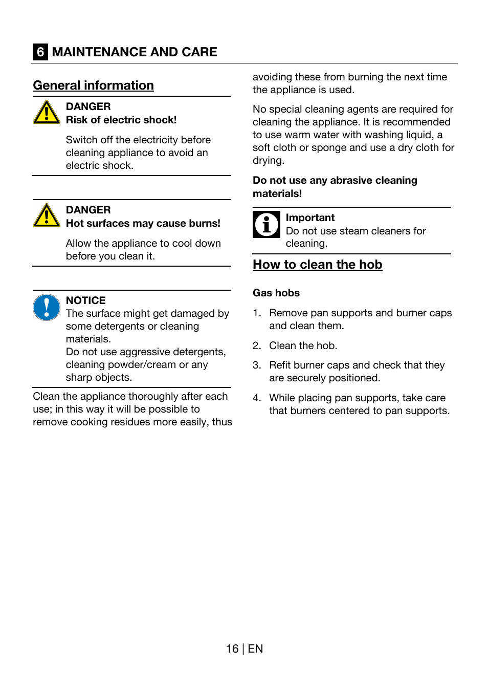 6maintenance and care general information, How to clean the hob | Blomberg GEN 12400 X User Manual | Page 16 / 17
