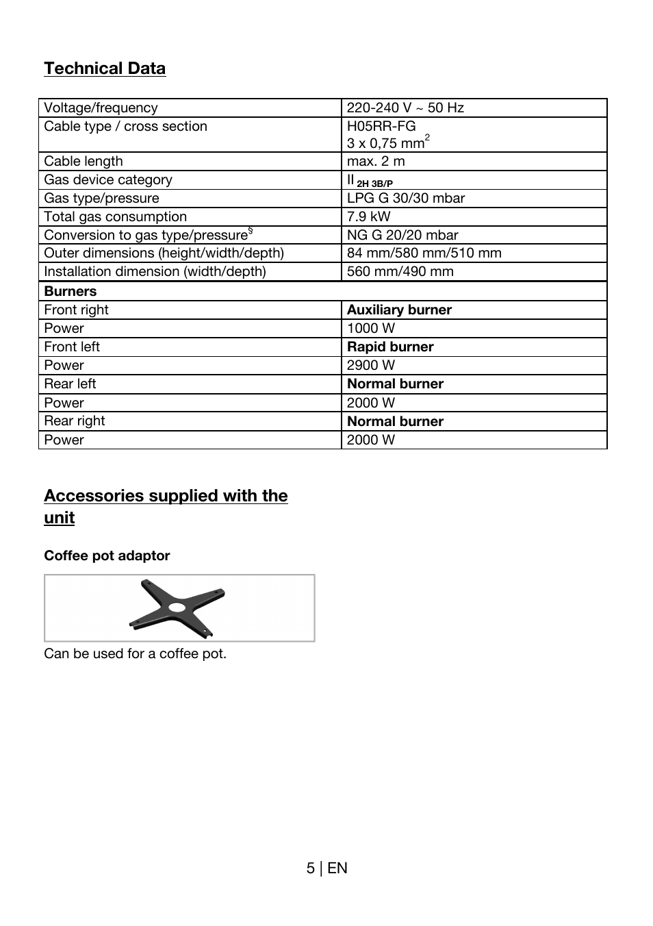 Technical data, Accessories supplied with the unit | Blomberg GEN 12400 X User Manual | Page 5 / 17