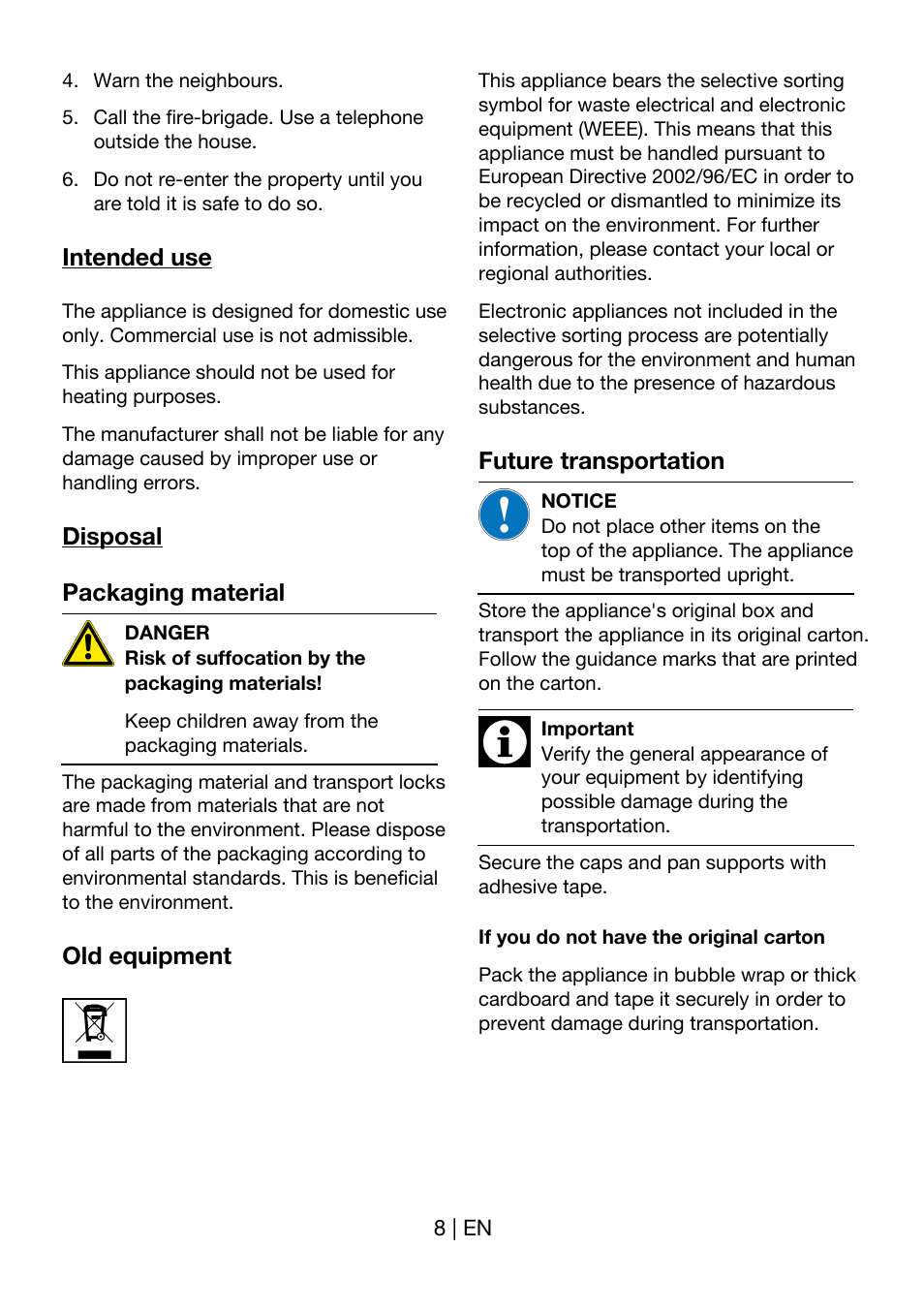 Intended use, Disposal packaging material, Old equipment | Future transportation | Blomberg GEN 12400 X User Manual | Page 8 / 17