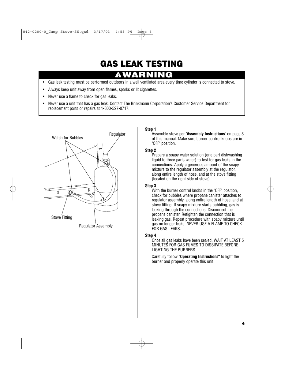 Gas leak testing, Warning | Brinkmann 842-0200-0 User Manual | Page 5 / 8