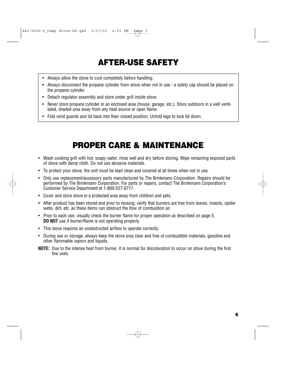 After-use safety, Proper care & maintenance | Brinkmann 842-0200-0 User Manual | Page 7 / 8
