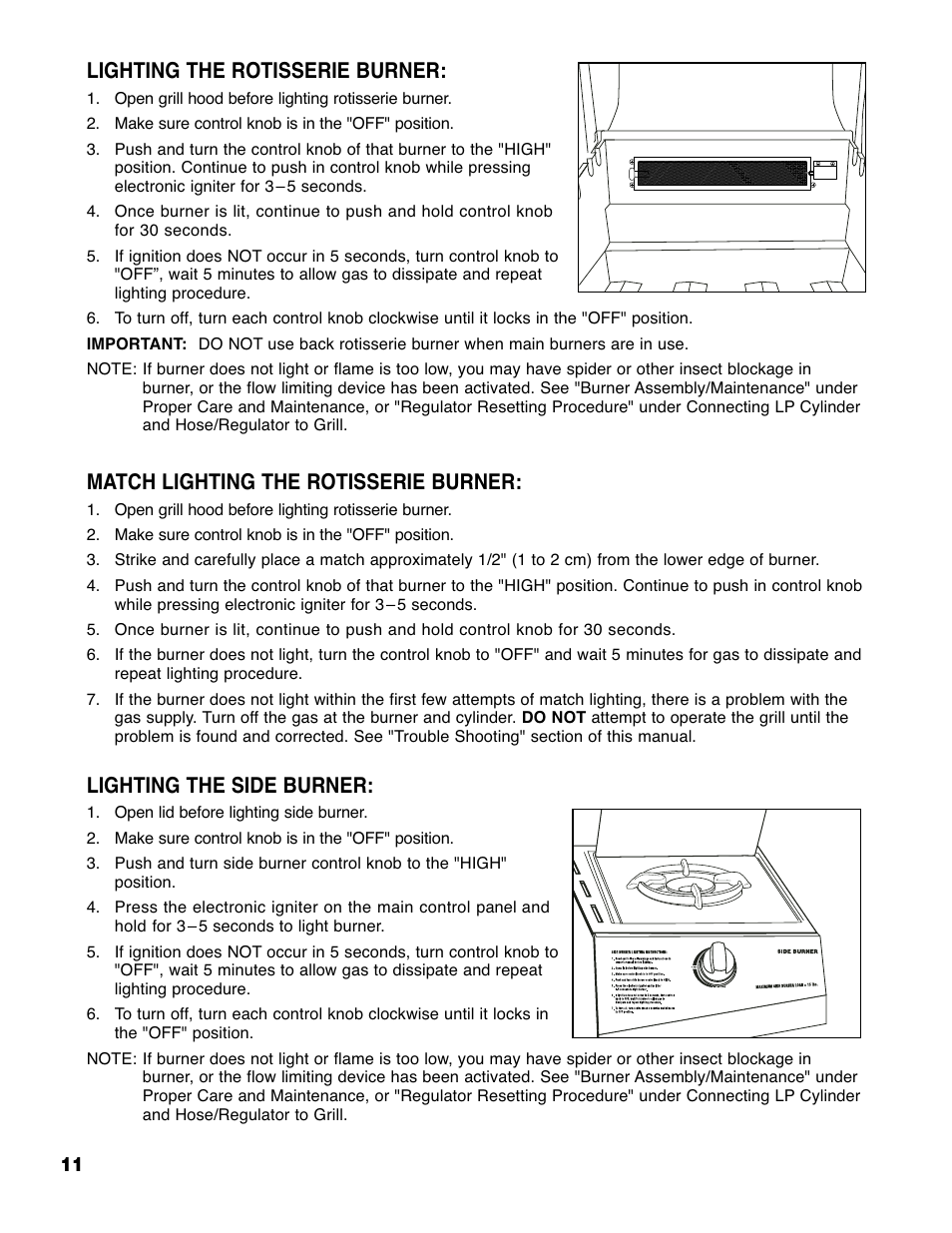 Lighting the rotisserie burner, Match lighting the rotisserie burner, Lighting the side burner | Brinkmann ProSeries 4435 User Manual | Page 12 / 36