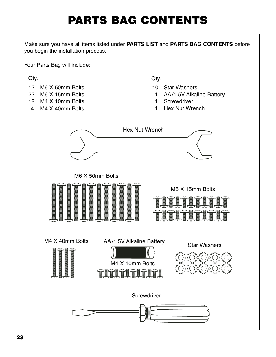 Parts bag contents | Brinkmann ProSeries 4435 User Manual | Page 24 / 36