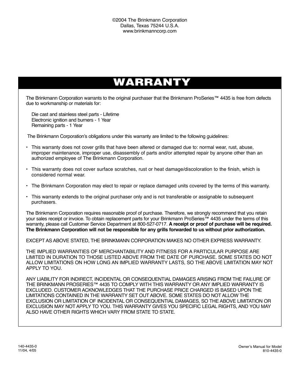 Warranty | Brinkmann ProSeries 4435 User Manual | Page 36 / 36