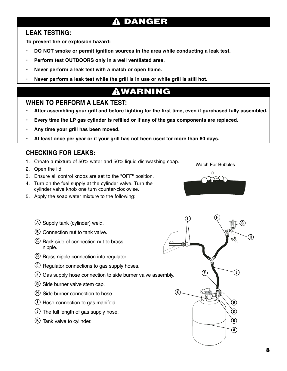 Warning, Danger, Leak testing | When to perform a leak test, Checking for leaks | Brinkmann ProSeries 4435 User Manual | Page 9 / 36