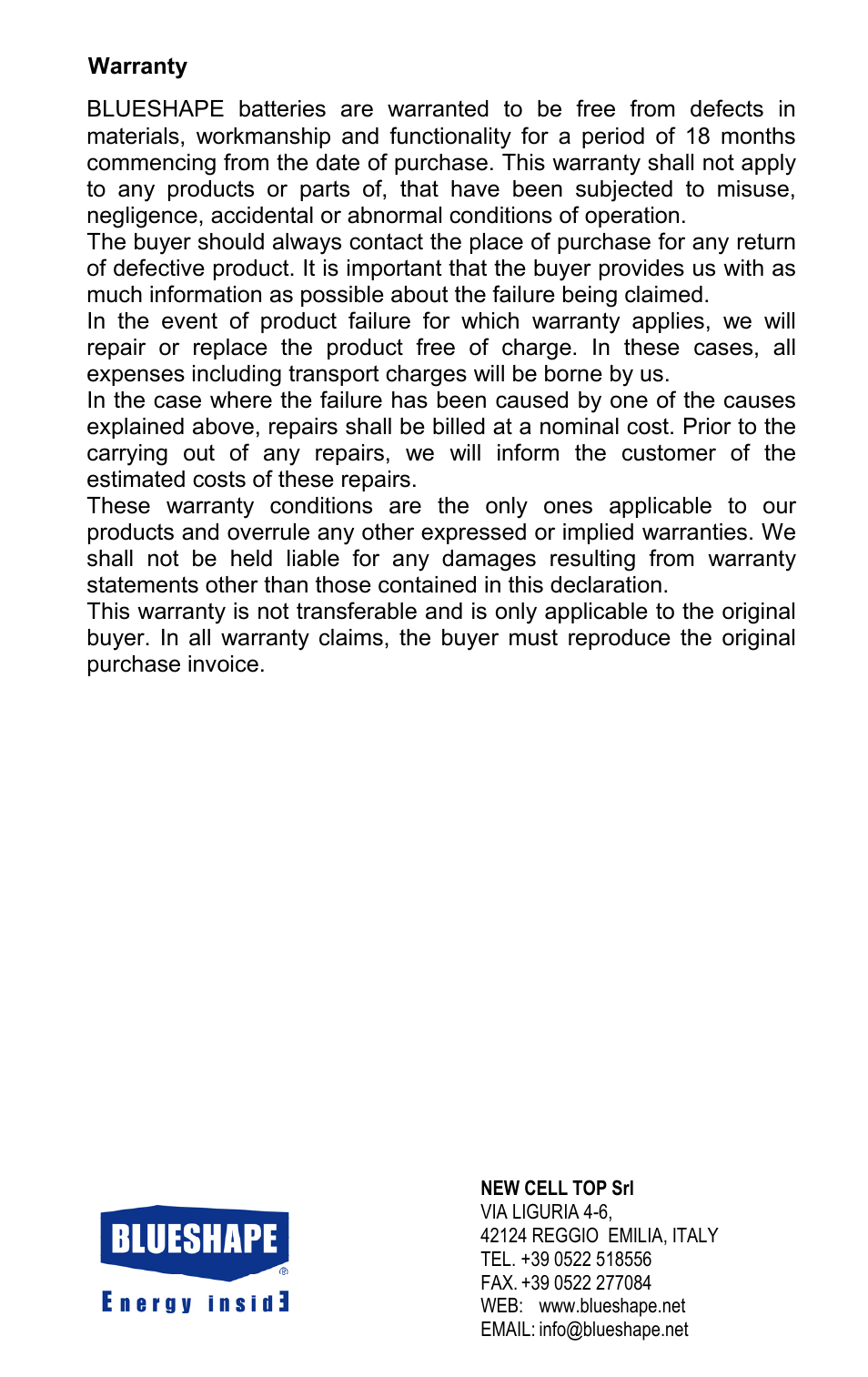 BLUESHAPE BV180 User Manual | Page 8 / 8