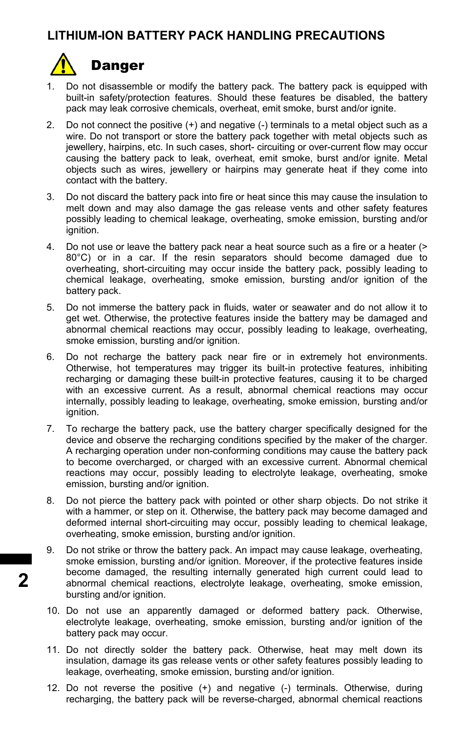 Danger, Lithium-ion battery pack handling precautions | BLUESHAPE BV225 User Manual | Page 2 / 8