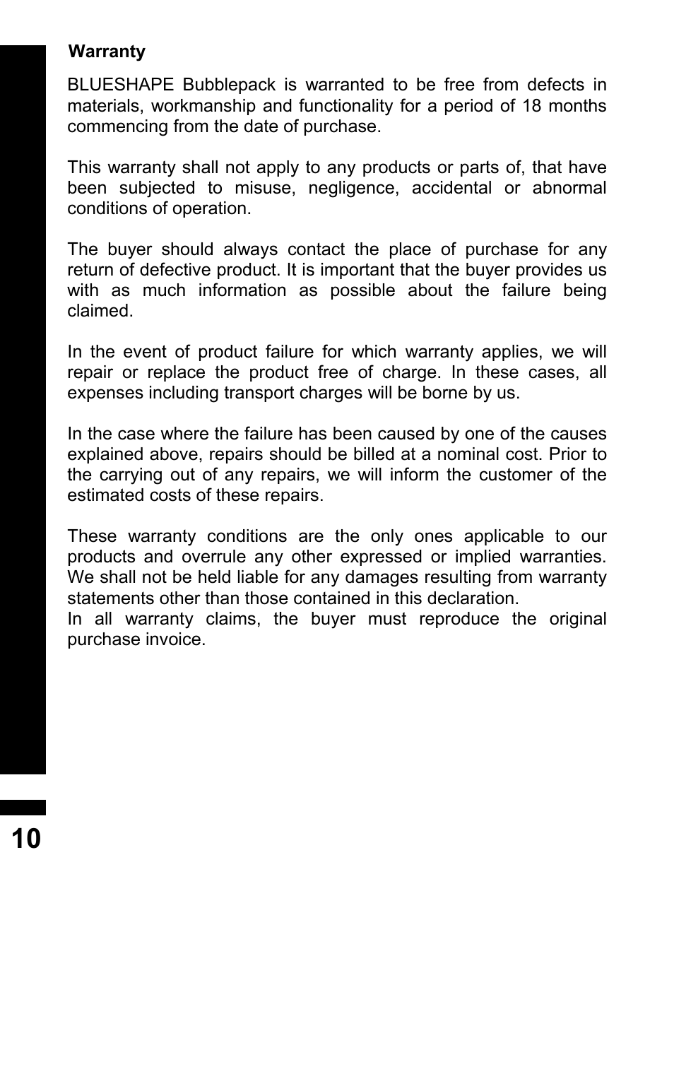 BLUESHAPE BUBBLEPACK User Manual | Page 10 / 11