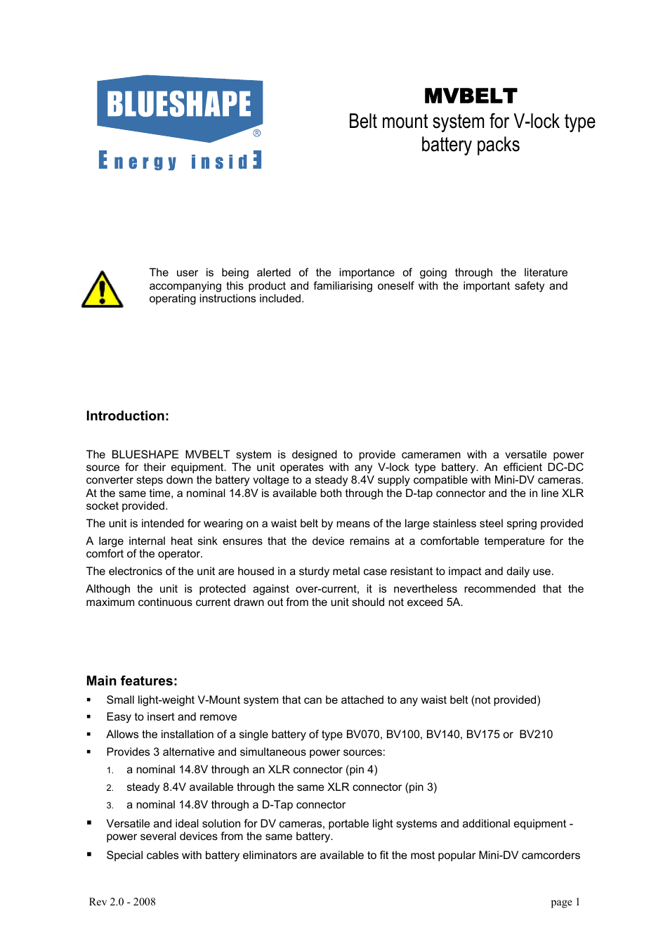 BLUESHAPE MVBELT User Manual | 2 pages