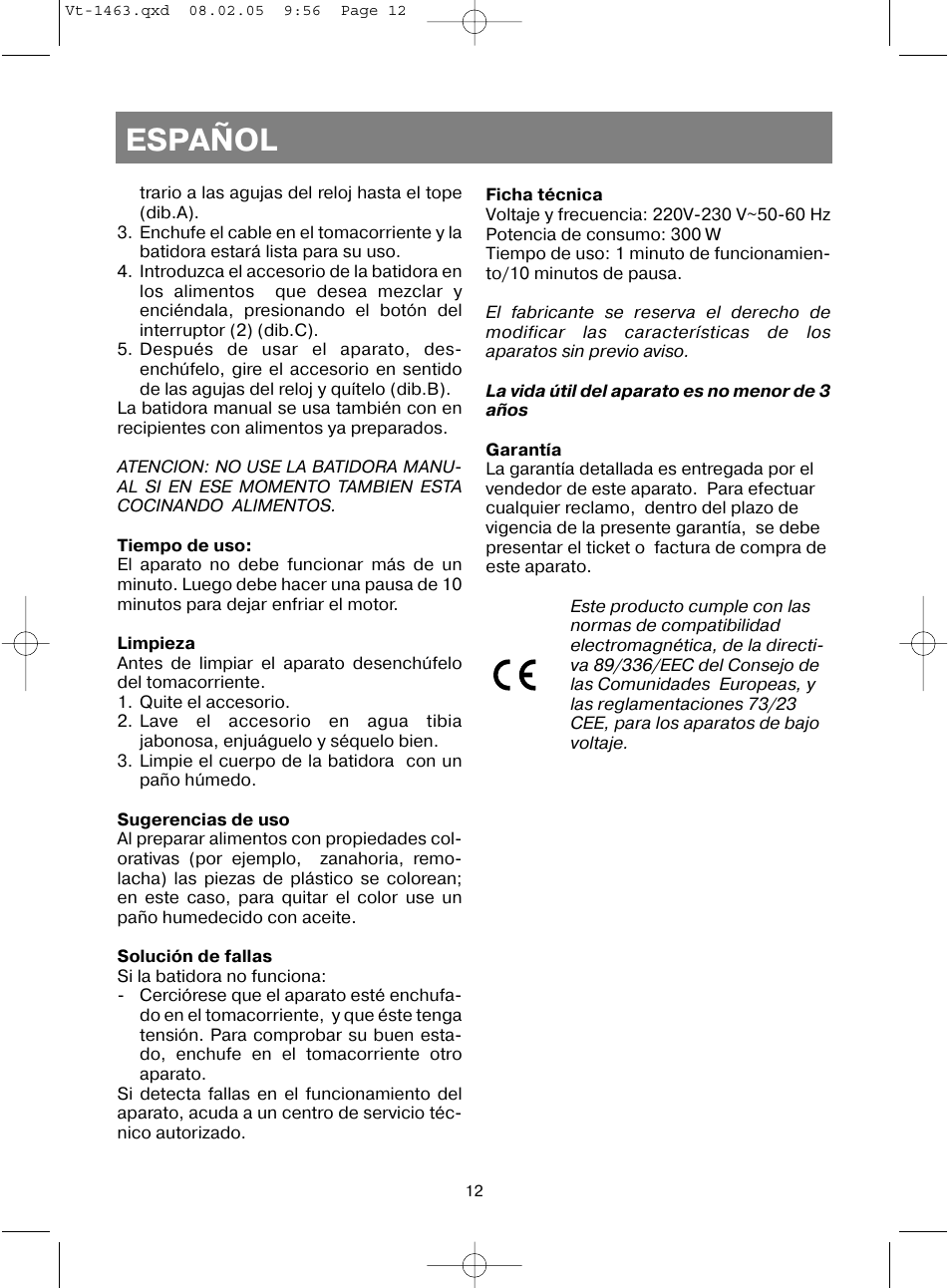 Español | Vitek VT-1463 User Manual | Page 14 / 32