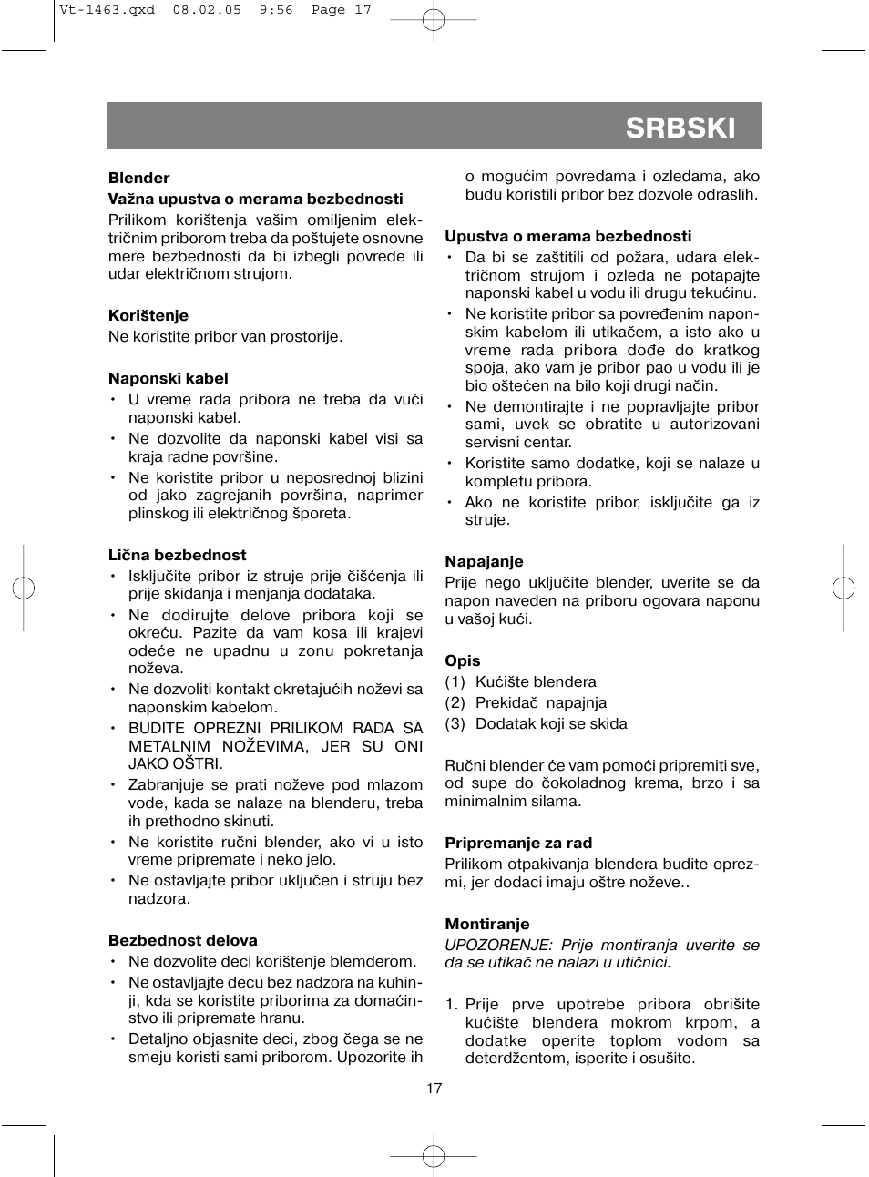 Srbski | Vitek VT-1463 User Manual | Page 19 / 32