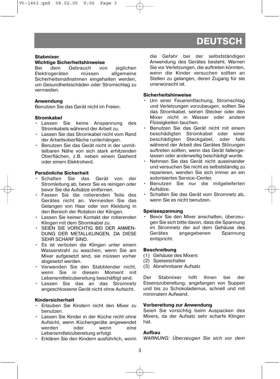 Deutsch | Vitek VT-1463 User Manual | Page 5 / 32