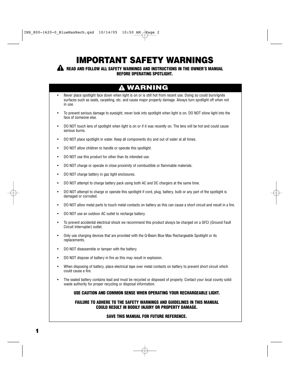 Important safety warnings, Warning | Brinkmann Rechargeable Glare-Free Spotlight 800-1620-0 User Manual | Page 2 / 8
