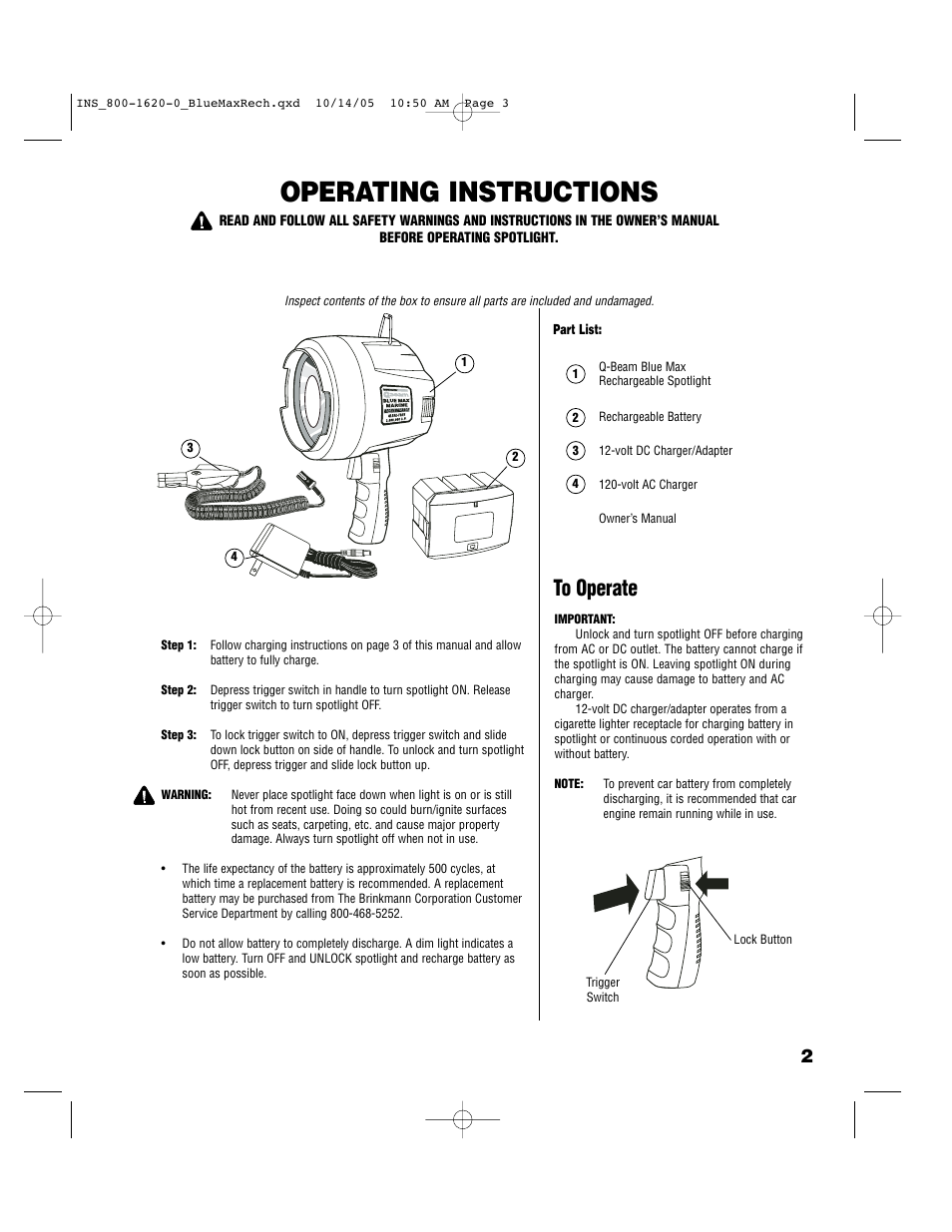 Operating instructions | Brinkmann Rechargeable Glare-Free Spotlight 800-1620-0 User Manual | Page 3 / 8