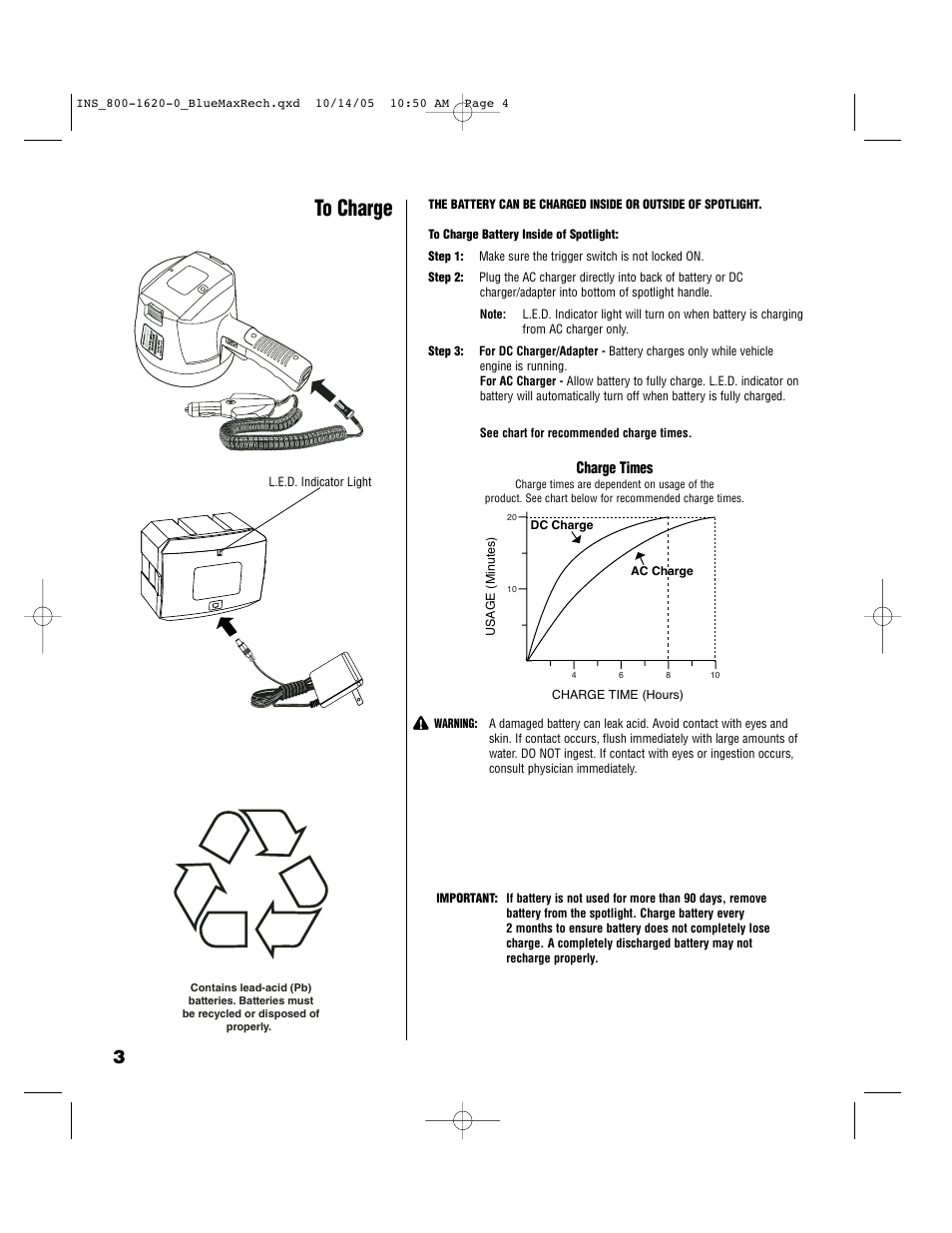 Charge times | Brinkmann Rechargeable Glare-Free Spotlight 800-1620-0 User Manual | Page 4 / 8