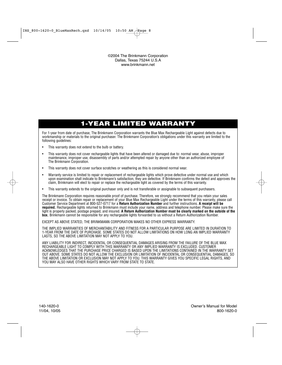 Year limited warranty | Brinkmann Rechargeable Glare-Free Spotlight 800-1620-0 User Manual | Page 8 / 8