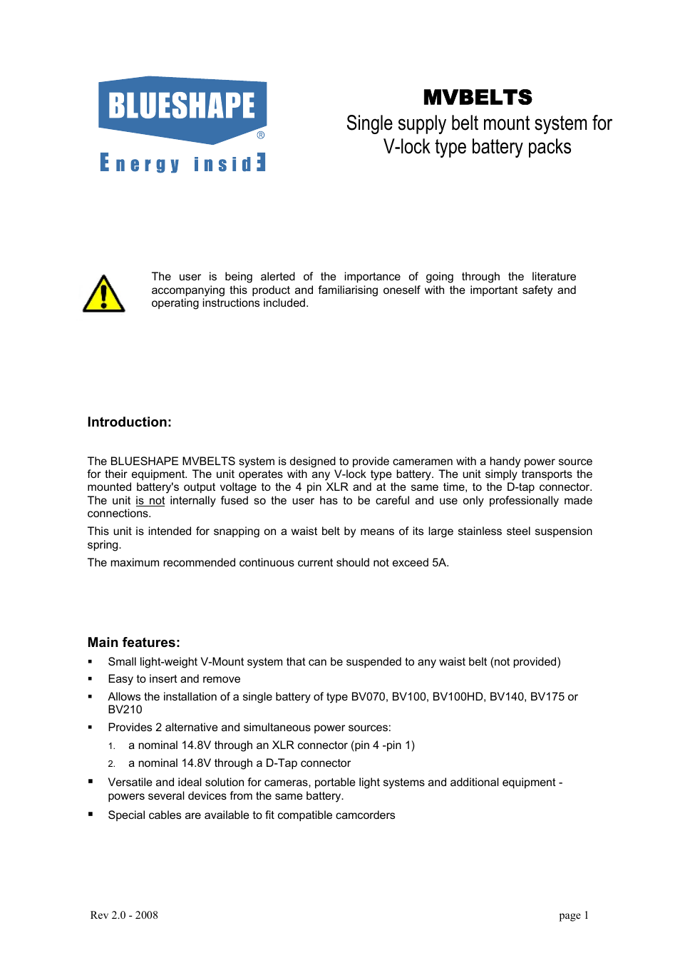BLUESHAPE MVBELTS User Manual | 2 pages