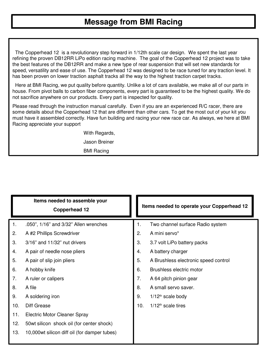 Message from bmi racing | BMI Racing Copperhead 12 User Manual | Page 2 / 12