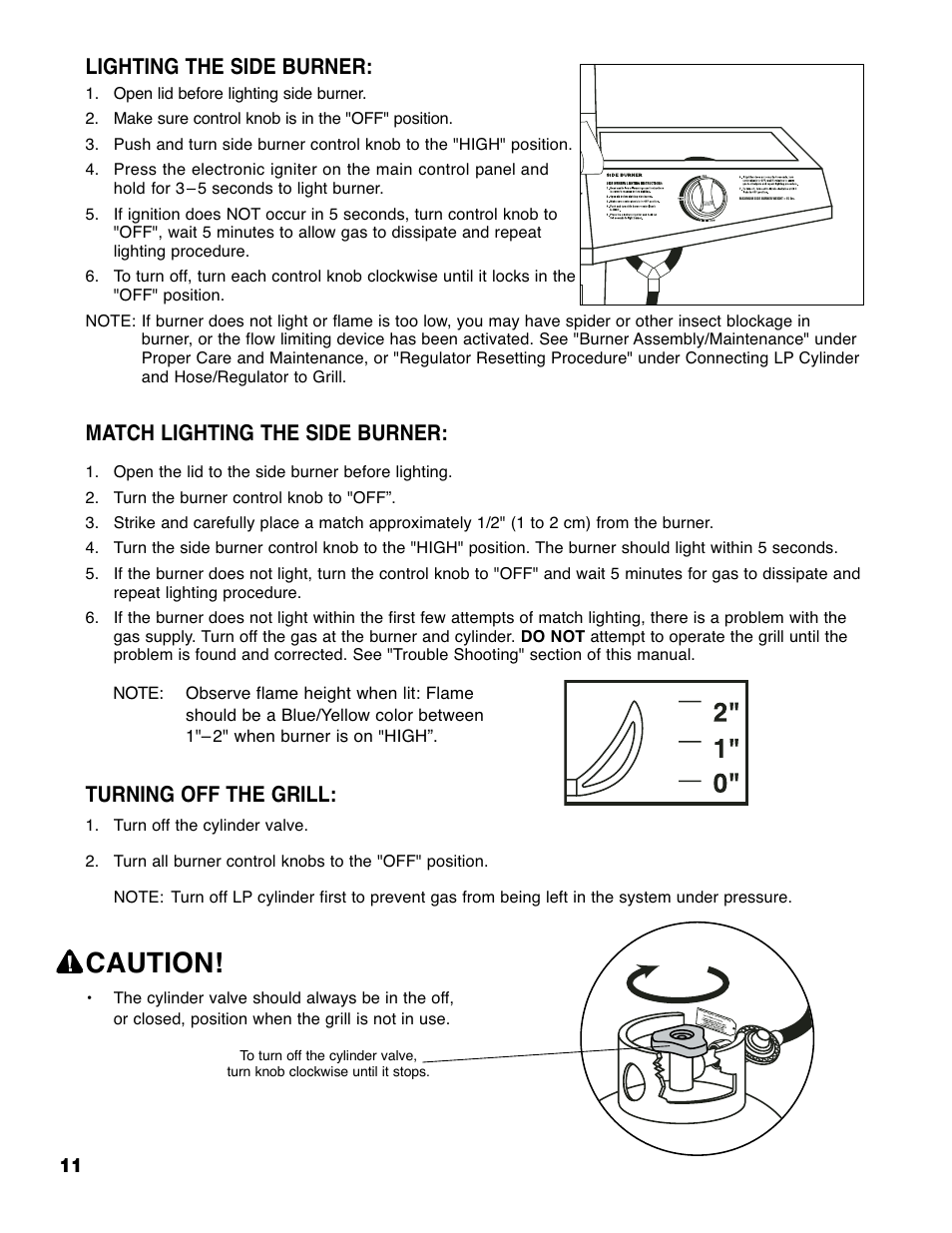 Caution, Lighting the side burner, Match lighting the side burner | Turning off the grill | Brinkmann 6330 User Manual | Page 12 / 36
