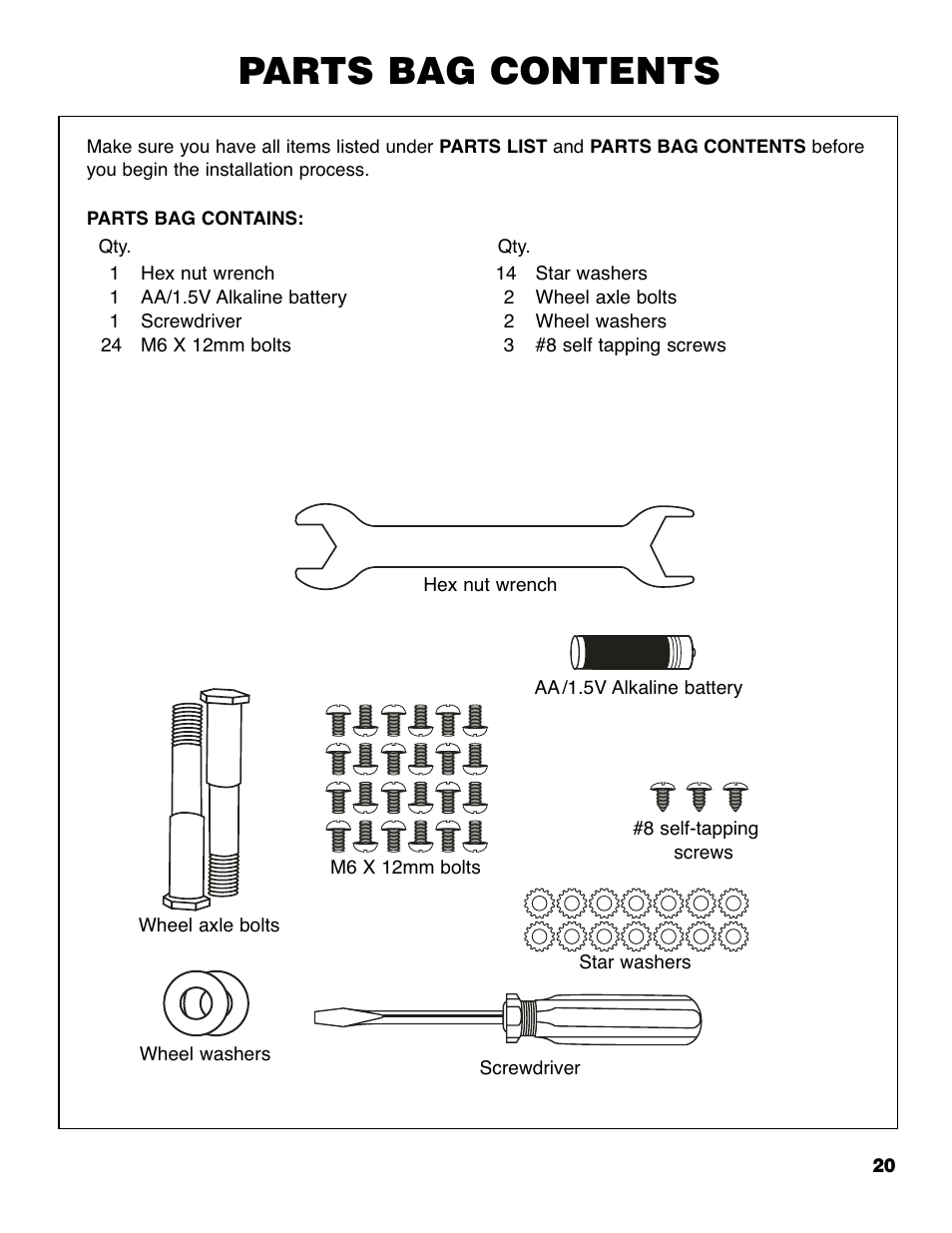 Parts bag contents | Brinkmann 6330 User Manual | Page 21 / 36